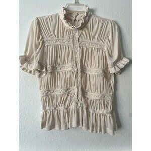 Story On Sheer Blouse Top Pleated Short Sleeve Boho Ivory Size L Cottage